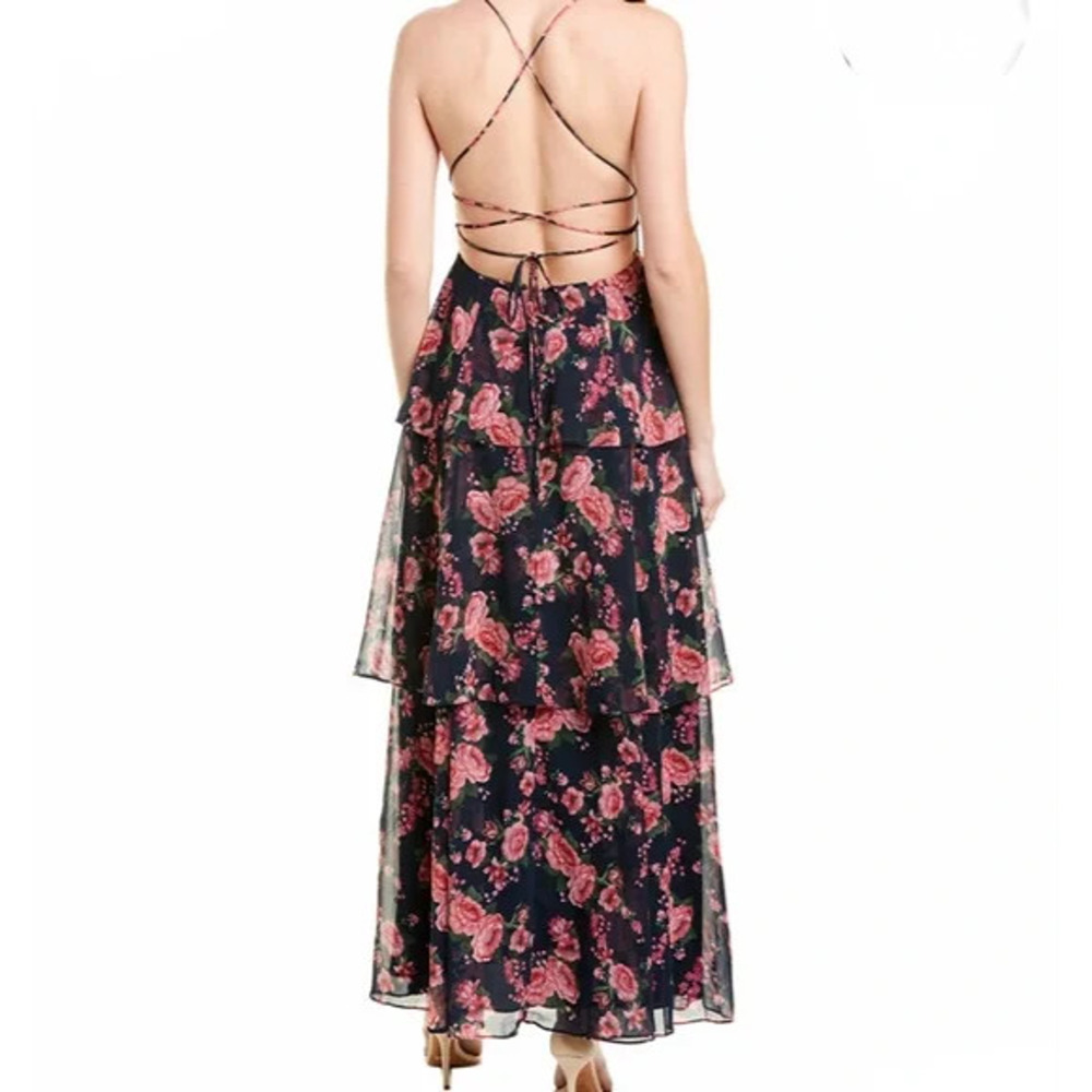 Fame & Partners Wyatt Floral Tiered Chiffon lace up plunge maxi Dress US 12 - Picture 2 of 11